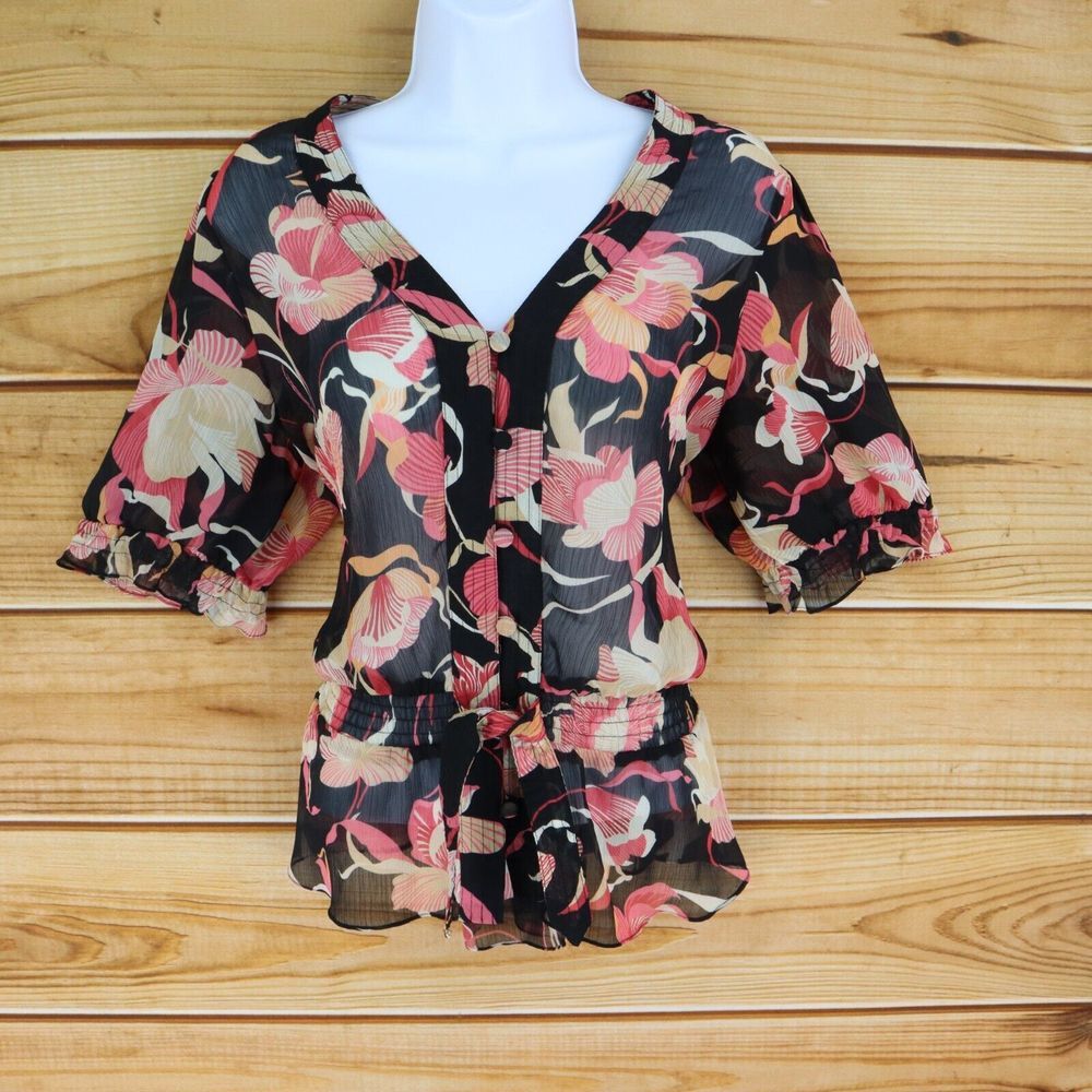 Worthington Button Up Blouse V-Neck Womens Size 12 Black Sheer Multicolor Floral